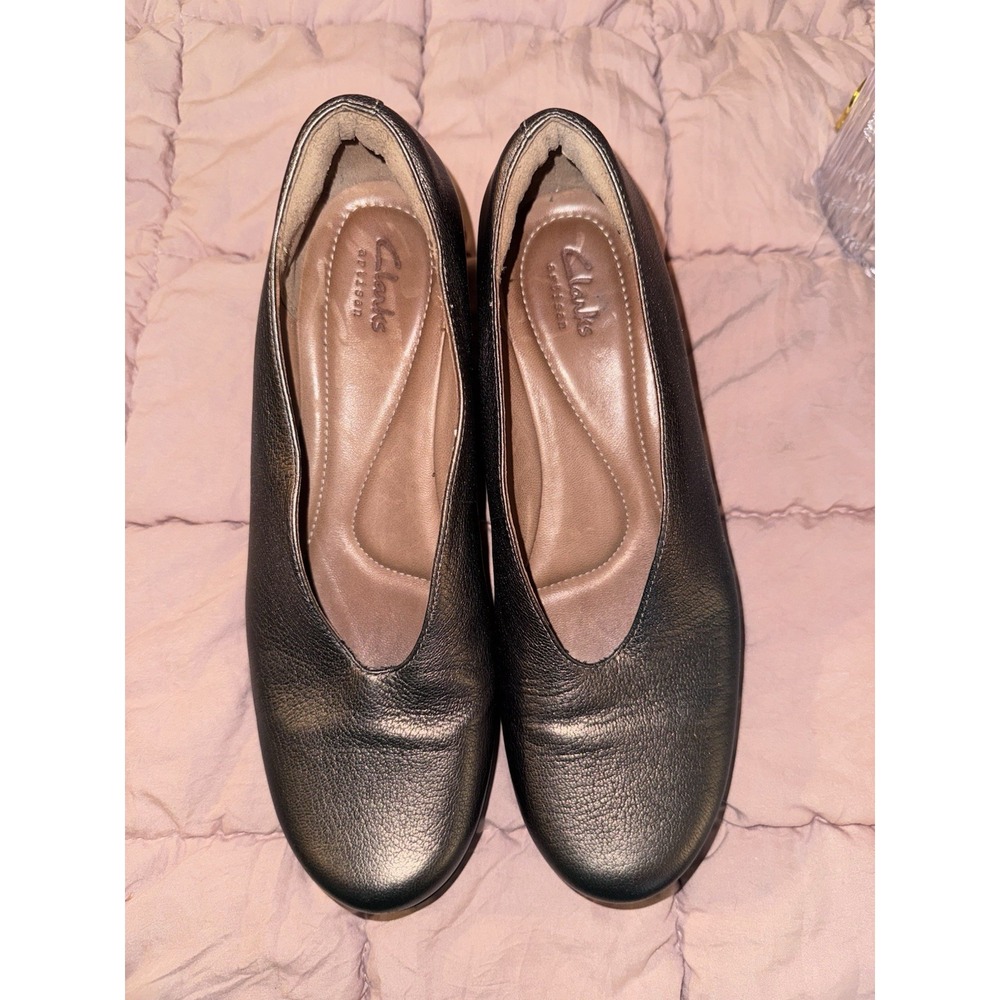 Clarks Women's Sparkle Gold Bronze Leather Wedge Career Pumps SlipOn SZ 8